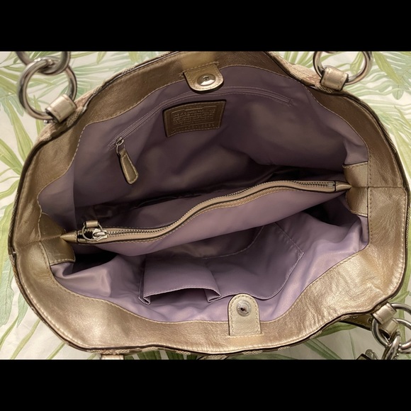 Authentic COACH Op Art tote bag canvas shoulder beige gold 16233 Large size - Picture 4 of 8